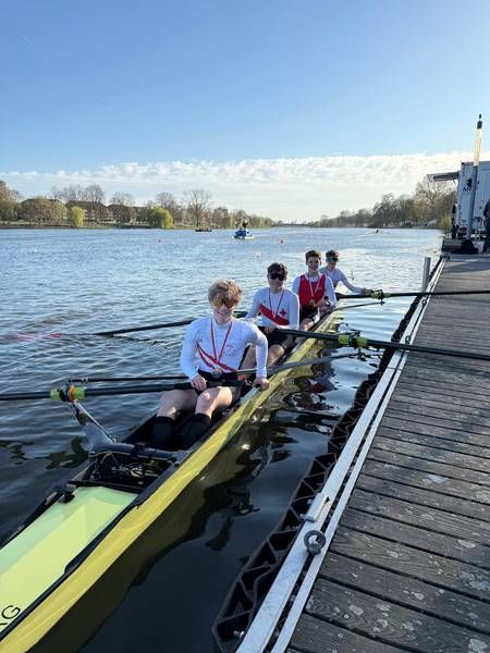 Die Sieger im A-Junioren Vierer ohne Steuermann: vL Leonard Lukrafka (EWRC Essen), Maximilian Händel, Ludwig Großpietsch (RC Westfalen Herdecke), Jonah Jebbink (RRGM Mülheim).