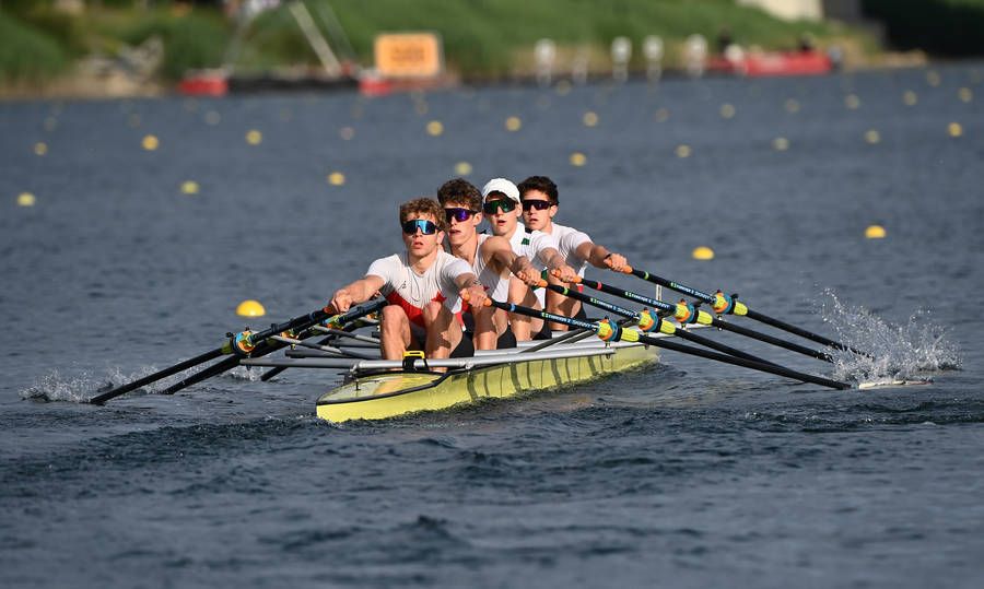 Guter dritter Platz im Leichtgewichts-Doppelvierer der Junioren A (JMA 4x- Lgw) durch (von Links): Jan Lohmeyer, Lukas Albrecht, Jannis Petzel vom RV Rauxel, Christian Solomov.