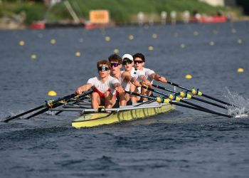 Guter dritter Platz im Leichtgewichts-Doppelvierer der Junioren A (JMA 4x- Lgw) durch (von Links): Jan Lohmeyer, Lukas Albrecht, Jannis Petzel vom RV Rauxel, Christian Solomov.