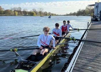 Die Sieger im A-Junioren Vierer ohne Steuermann: vL Leonard Lukrafka (EWRC Essen), Maximilian Händel, Ludwig Großpietsch (RC Westfalen Herdecke), Jonah Jebbink (RRGM Mülheim).